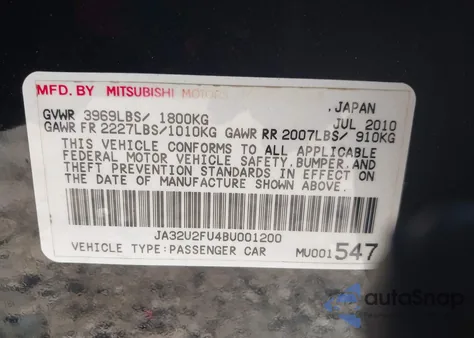 2011 Mitsubishi Lancer Es from USA, damaged, VIN JA32U2FU4BU001200